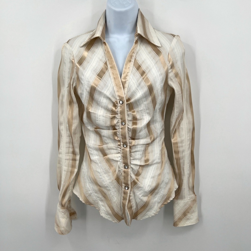 Y2K‎ Cache Ruched Front Pearl Snap Striped Shirt Size S